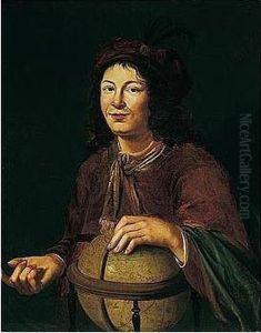 Portrait Of A Young Man, Probably Democritus, Three-quarter Length, Wearing Red With A Plumed Hat, Holding A Globe
