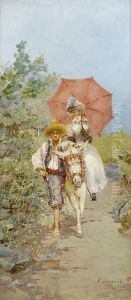 Gentildonna Siciliana Con L'ombrello A Passeggio Su Di Un Asino