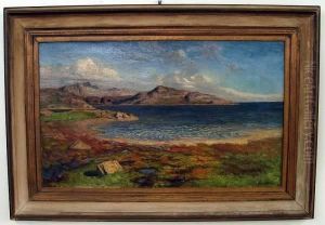 View Overlooking Water With Mountains In Background by Marie Lokke