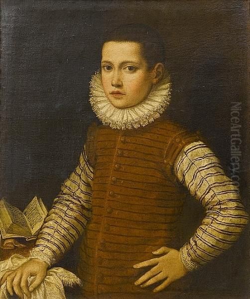 Portrait Of A Young Man, Half-length, In A Brown Leather Jerkin With A White And Black Striped Chemise And A White Ruff, His Hand Resting On A Draped Table - view 1
