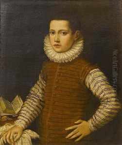 Portrait Of A Young Man, Half-length, In A Brown Leather Jerkin With A White And Black Striped Chemise And A White Ruff, His Hand Resting On A Draped Table by Gian Paolo Lolmo