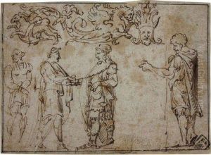 Quatre Guerriers Antiques Et Motifs Decoratifs Dans Le Haut by Lambert Lombard