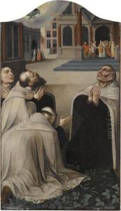 Four Carmelites Pray To The Virgin Mary Whose Symbol by Lambert Lombard