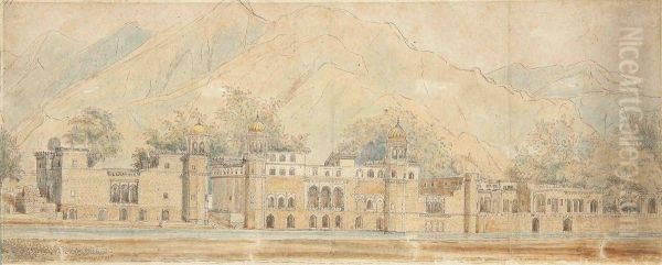 View Of An Indian Palace, By A River, In A Mountainous Landscape - view 1