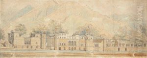 View Of An Indian Palace, By A River, In A Mountainous Landscape by Thomas Longcroft