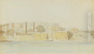 An Indian Fortress By A River; And Figures Bathing From Ghats