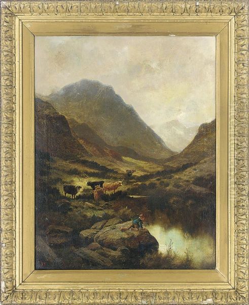 A Boy By A Pool In A Mountainous Landscape, With Cattle - view 1