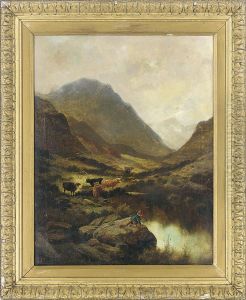 A Boy By A Pool In A Mountainous Landscape, With Cattle