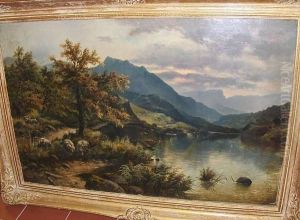 Sheep By A Lake In A Mountainous Landscape; Autumnal Landscape