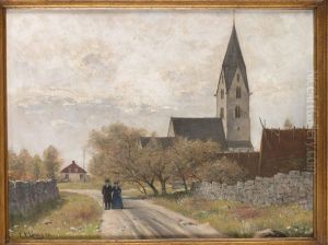 Flanorer Utanfor Gotlandsk Kyrka by Carl Ewald Lonngren