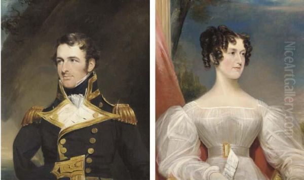 Portrait Of Rear-admiral William Bateman Dashwood, Half-length, In Naval Dress Uniform; And Portrait Of His Wife, Louisa Henrietta Dashwood, Half-length, In A White Dress, Seated Before A Landscape - view 1