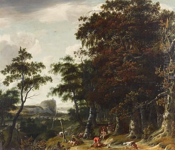 Sportsmen In A Wooded Landscape With A Castle On A Promontory In The Distance - view 1