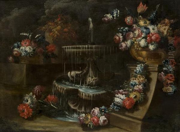 Vaso Di Fiori En Plein Air Con Fontana; E Vaso Di Fiori Con Vassoio Di Ceramica Rovesciato En Plein Air - view 1
