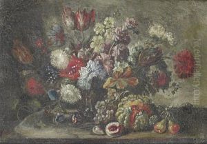 Roses, Carnations, Tulips And Other Flowers In A Wicker Basket On A Table Top, With Pears, Grapes And Other Fruit