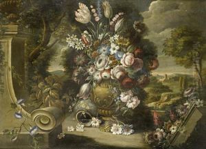 Carnations, Tulips, Jasmine And Other Flowers In A Classical Urn Before An Italianate Landscape
