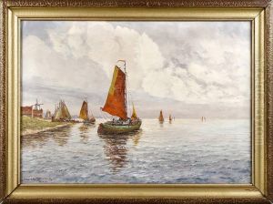 Seelandschaft Mit Segelbooten Vor Hollandischer Kuste Mit Windmuhle by Richard Lorenz Mellenbach