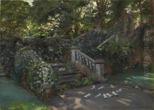 The Golden Hour: The West Staircase To The Upper Terrace At Balcaskie by John Henry Lorimer