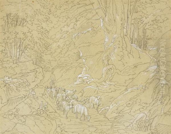 Landscape Study Of Young Shepherds And A Flock Ofsheep - view 1
