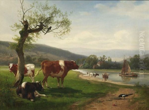 Weite Flusslandschaft Mit Kuhherde - view 1