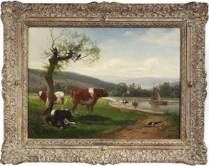 Extensiveriver-landscape With Cows Watering. Oil/canvas, Inscribed by Henry Lot