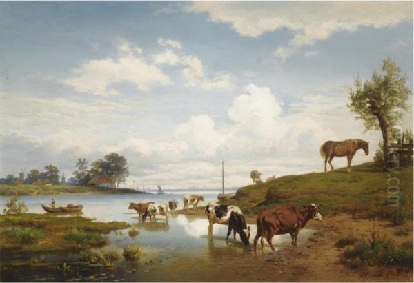 An Extensive River Landscape With Watering Cows - view 1