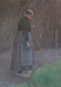 Alte Frau Mit Holzstab by Heinrich Lotter