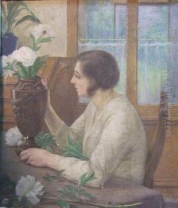 Femme Dressant Un Bouquet De Pivoines Blanches
