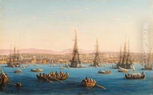 Fleet Of Ships Before A Turkish Coastal Town by Louis Lottier