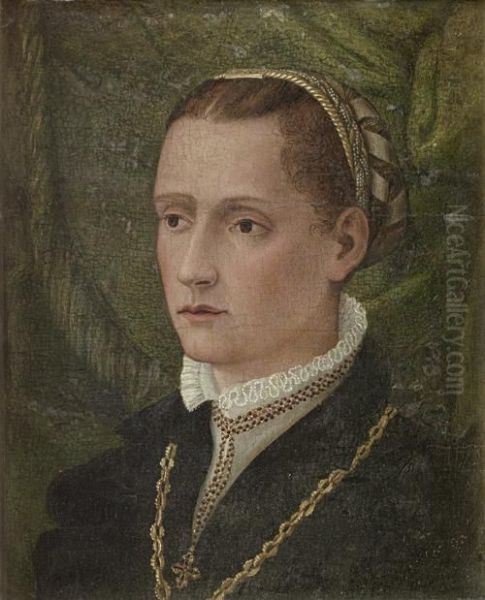Portrait Of A Lady, Bust-length, In A Black Dress And A White Collar, Wearing A Gold Chain, Before A Green Velvet Curtain - view 1