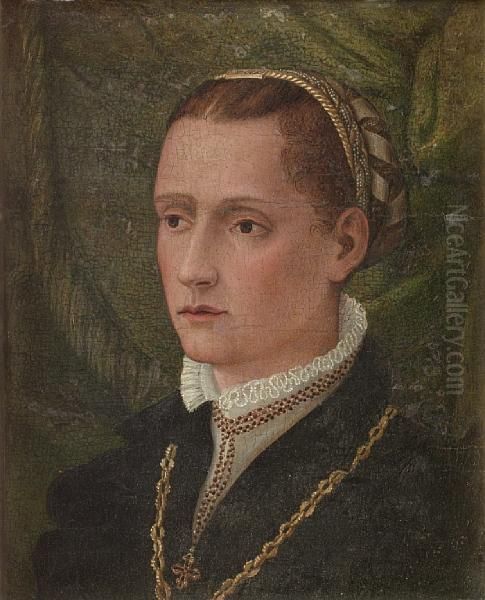 Portrait Of A Lady, Bust-length, In A Blackdress And A White Collar, Wearing A Gold Chain, Before A Greenvelvet Curtain - view 1