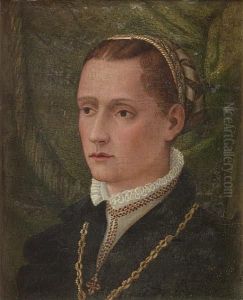Portrait Of A Lady, Bust-length, In A Blackdress And A White Collar, Wearing A Gold Chain, Before A Greenvelvet Curtain by Lorenzo Lotto