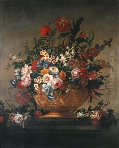 A Still Life Of Various Flowers In An Urn Resting On A Marble Ledge by Johannes Lotyn