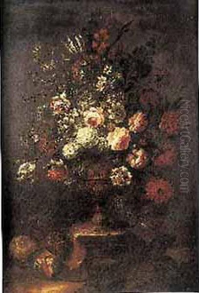 Bouquet De Fleurs Dans Un Vase En Bronze Sculpte Et Fruits Repandus - view 1