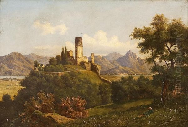 Romantischeflusslandschaft Mit Burgruine Auf Einer Anhohe - view 1