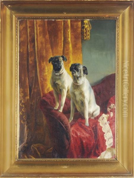 Two Pugs Seated On A Red Settee - view 1