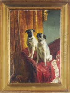 Two Pugs Seated On A Red Settee by Matilda Lotz