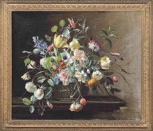 Tulips, Hyacinths, Fresias, Carnations, Narcissi, Roses, Anenomies And Primroses Arranged In A Wicker Basket On A Wooden Ledge by Terence Loudon