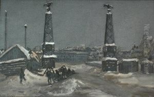 Industrial Scene In Winter At Twilight by Georgui Loukomski