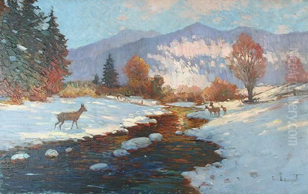 Deer By A Winter Stream - view 1