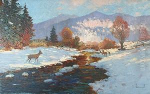 Deer By A Winter Stream by Edmond Louyot