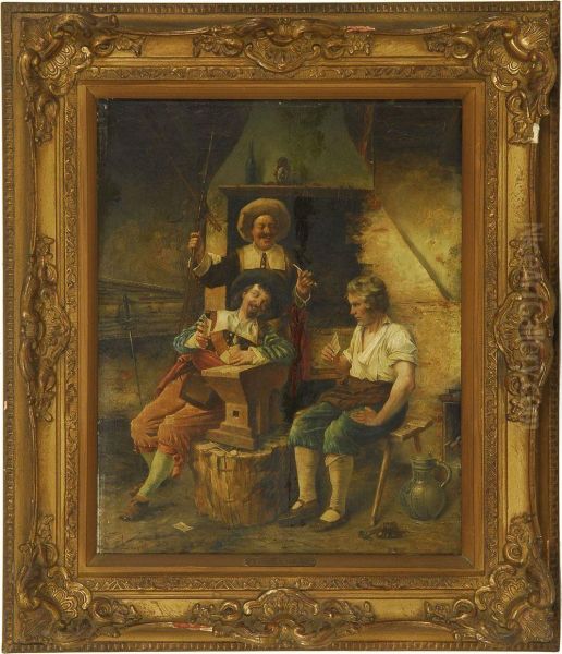 Three Men Playing Cards In A Blacksmith's Shop - view 1