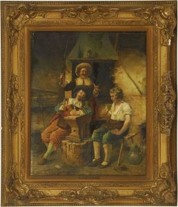 Three Men Playing Cards In A Blacksmith's Shop by Edmond Louyot