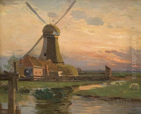 Vom Licht Der Untergehenden Sonne Stimmungsvoll Gefarbte Hollandische Landschaft Mit Windmuhle Und Grasenden Ziegen - view 1