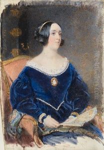 Lady Colebrooke, Seated Holding A Fan, Wearing Blue Dress With Pearl Decoration, Cameo At Her Corsage, White Underslip, Gold Strand Adorns Her Hair. by Samuel Lover