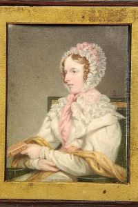 A Young Lady In Near Profile, Wearing A Lace-trimmed Bonnet And Comforter Adorned With Pink Ribbons, Over A White Gown And Gold Coloured Shawl, Seated And Holding A Book by Samuel Lover