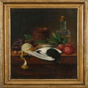 Lovmand: "stillleben", Nature Morte With Birds, Lemon, Bottle And Jug With Carved Coats Of Arms. Signed. 47 X 37,5 Cm by Christine Marie Lovmand