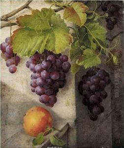 A Still Life With Grapes On A Vine And A Peach On A Stone Ledge by Christine Marie Lovmand