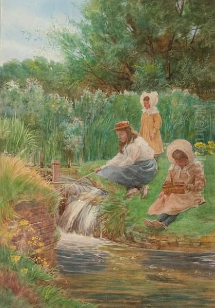 Children Fishing At A Stream - view 1