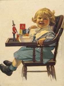 Toddler In High Chair With Blocks, Doll And Cereal Bowl. by Frederick Lowenheim