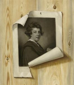Trompe L'oeil With A Portrait Of Sir Joshua Reynolds On A Wood Panelled Wall by Strickland Lowry